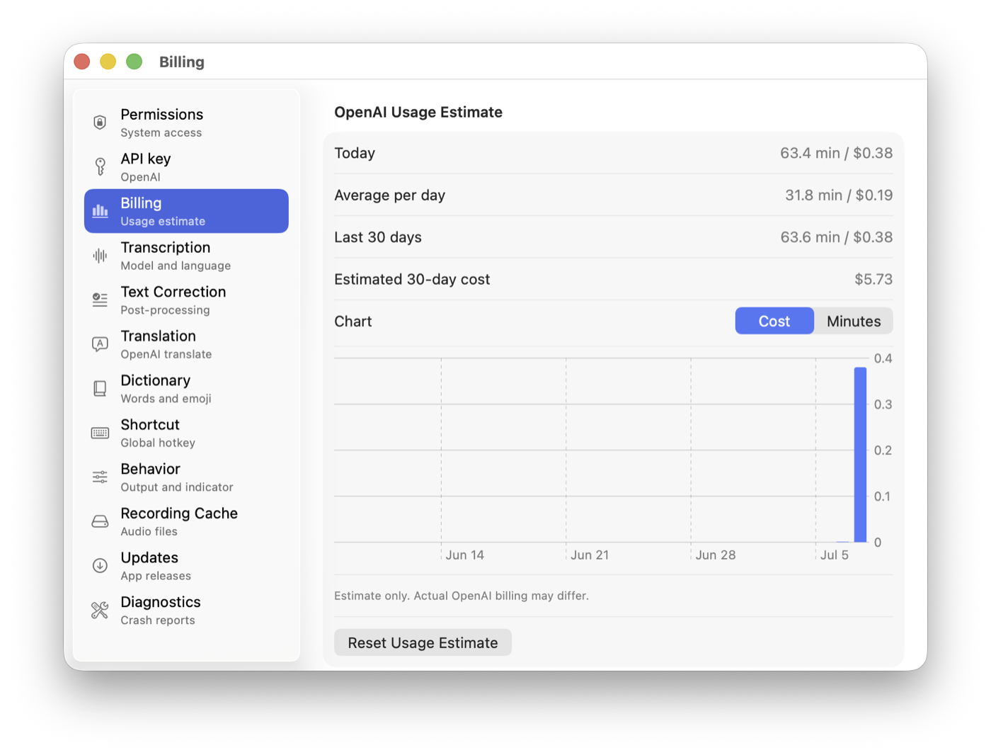 HoldType Billing settings showing a local transcription usage estimate