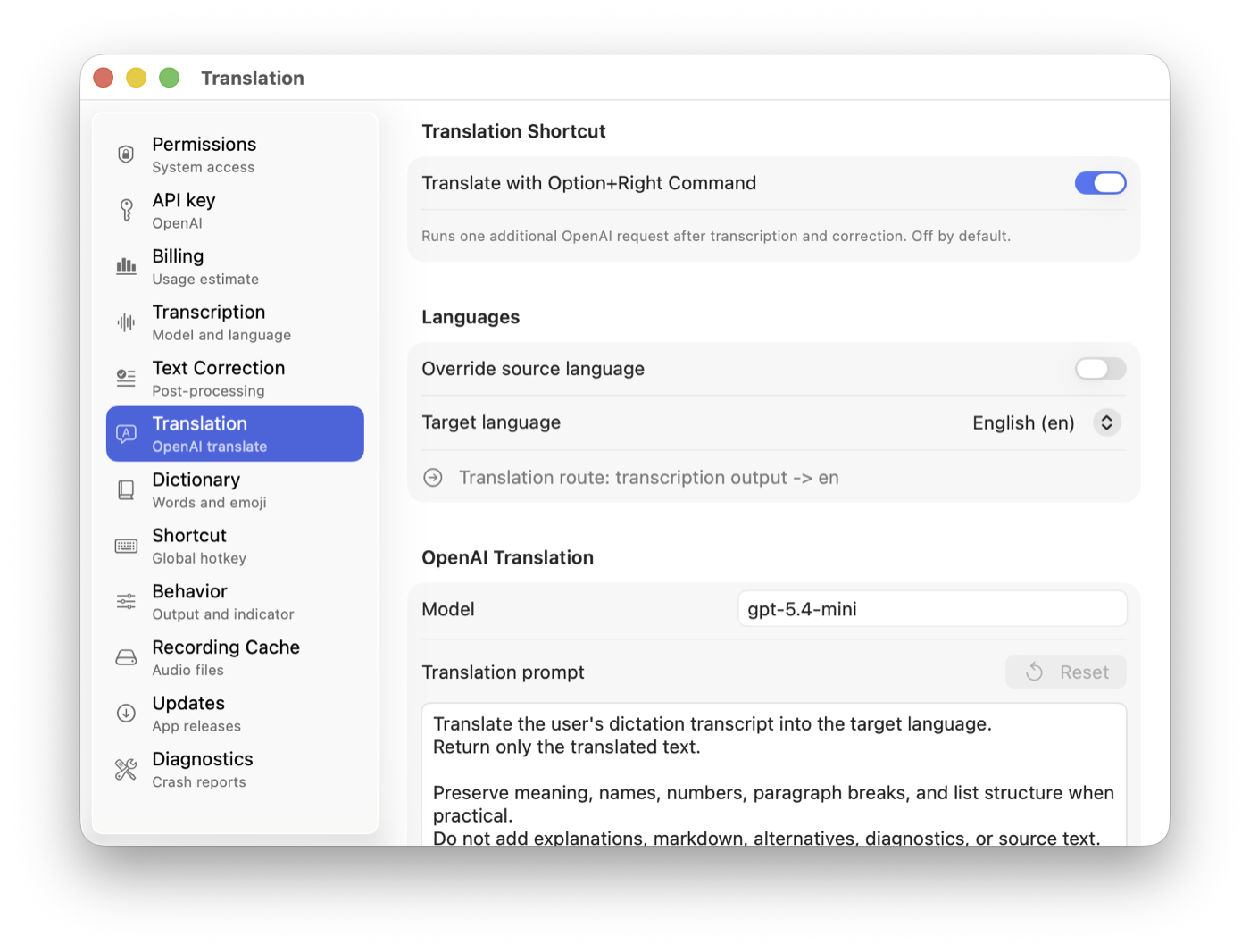 HoldType Translation settings with the translation shortcut and target language controls